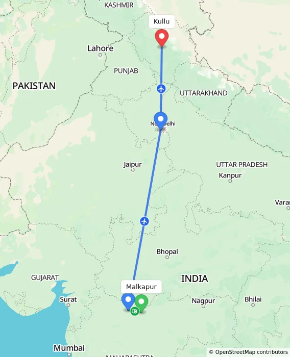 Route map showing distance and travel time from Malkapur, India to Kullu, India
