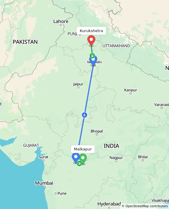 Route map showing distance and travel time from Malkapur, India to Kurukshetra, India