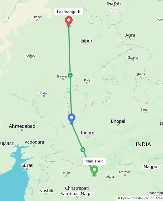 Route map showing distance and travel time from Malkapur, India to Laxmangarh, India
