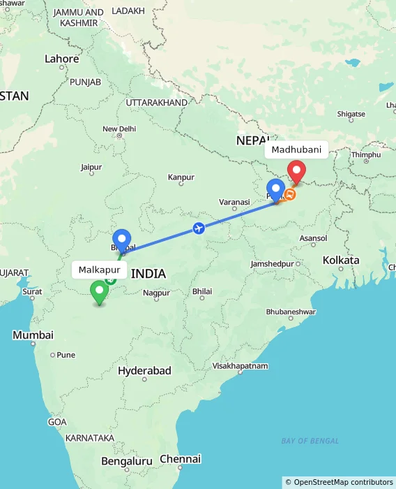 Route map showing distance and travel time from Malkapur, India to Madhubani, India