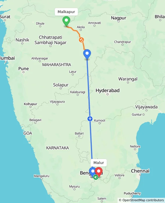 Route map showing distance and travel time from Malkapur, India to Malur, India