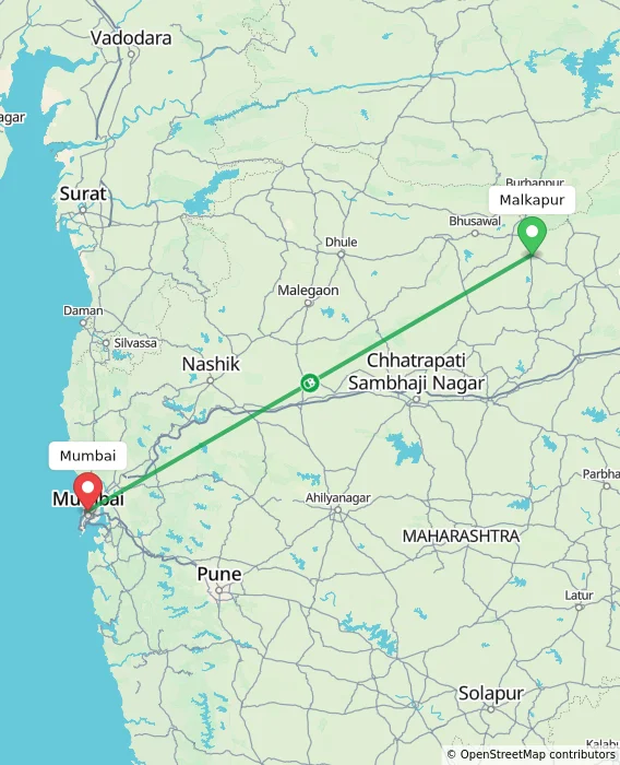 Route map showing distance and travel time from Malkapur, India to Mumbai, India