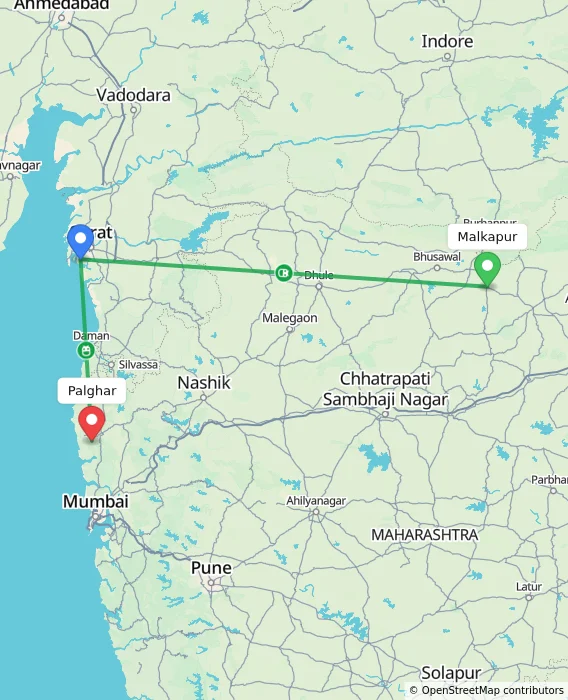 Route map showing distance and travel time from Malkapur, India to Palghar, India