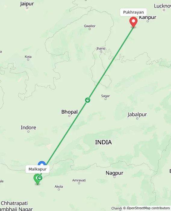 Route map showing distance and travel time from Malkapur, India to Pukhrayan, India