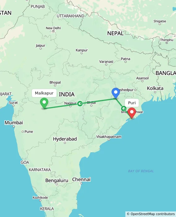 Route map showing distance and travel time from Malkapur, India to Puri, India