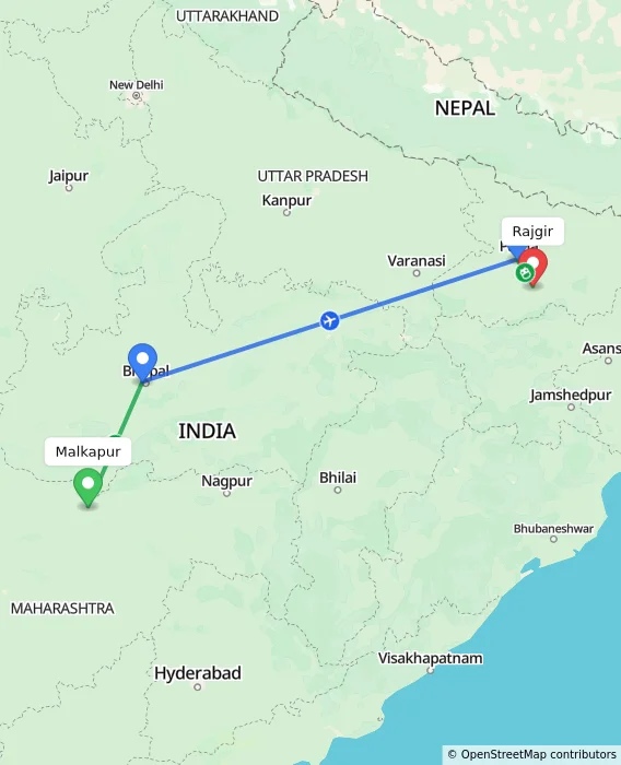Route map showing distance and travel time from Malkapur, India to Rajgir, India