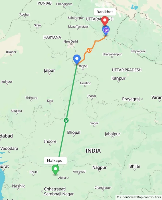 Route map showing distance and travel time from Malkapur, India to Ranikhet, India