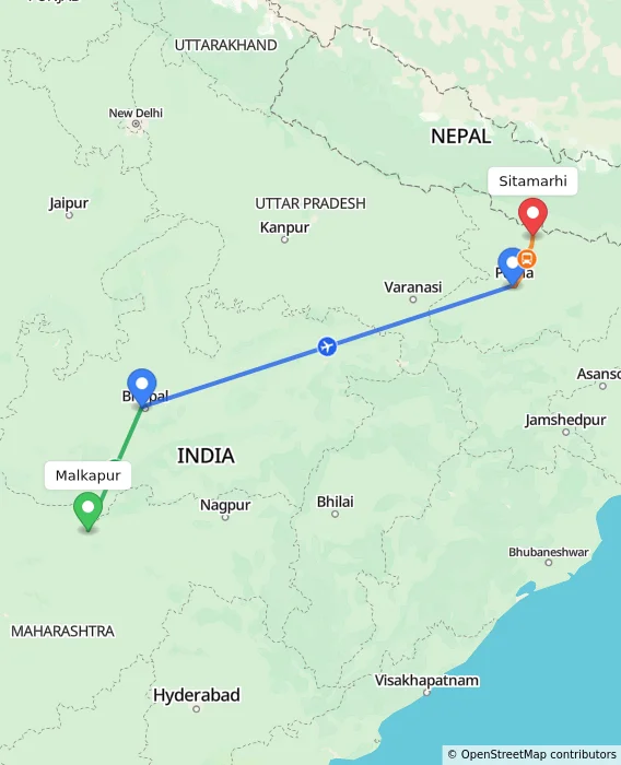 Route map showing distance and travel time from Malkapur, India to Sitamarhi, India