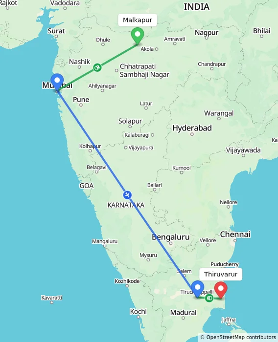 Route map showing distance and travel time from Malkapur, India to Thiruvarur, India