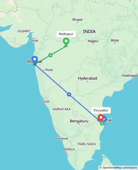 Route map showing distance and travel time from Malkapur, India to Tiruvallur, India