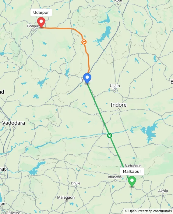 Route map showing distance and travel time from Malkapur, India to Udaipur, India