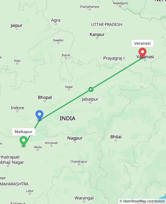 Route map showing distance and travel time from Malkapur, India to Varanasi, India
