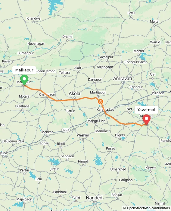 Route map showing distance and travel time from Malkapur, India to Yavatmal, India