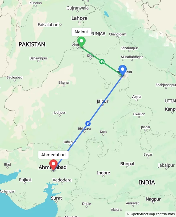 Route map showing distance and travel time from Malout, India to Ahmedabad, India