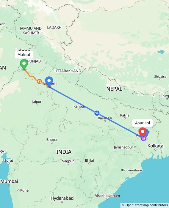 Route map showing distance and travel time from Malout, India to Asansol, India