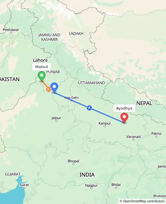 Route map showing distance and travel time from Malout, India to Ayodhya, India