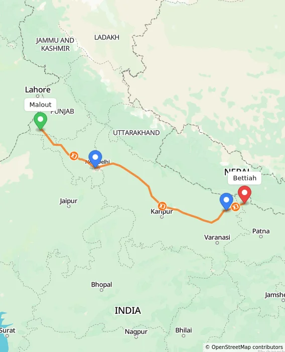 Route map showing distance and travel time from Malout, India to Bettiah, India
