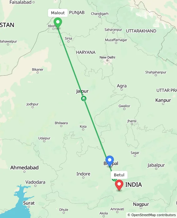 Route map showing distance and travel time from Malout, India to Betul, India
