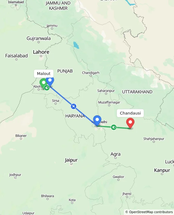 Route map showing distance and travel time from Malout, India to Chandausi, India