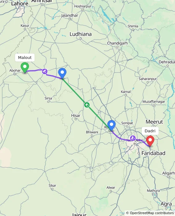 Route map showing distance and travel time from Malout, India to Dadri, India