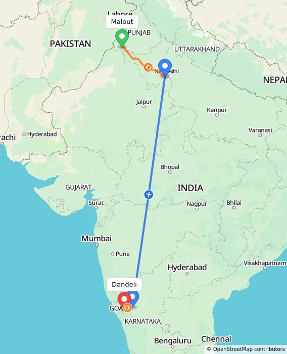 Route map showing distance and travel time from Malout, India to Dandeli, India