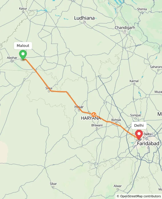 Route map showing distance and travel time from Malout, India to Delhi, India