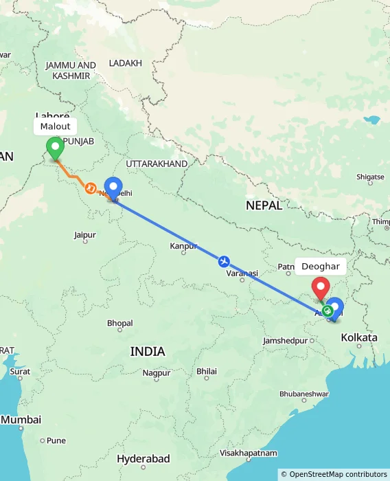 Route map showing distance and travel time from Malout, India to Deoghar, India
