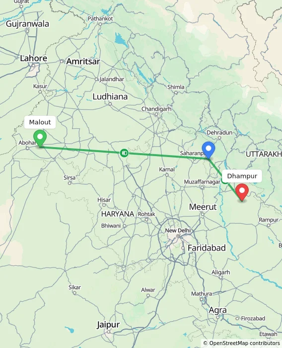 Route map showing distance and travel time from Malout, India to Dhampur, India