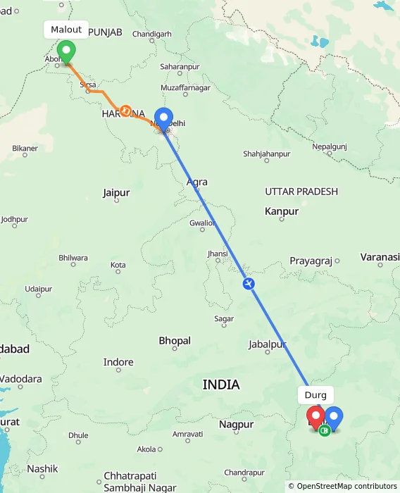 Route map showing distance and travel time from Malout, India to Durg, India