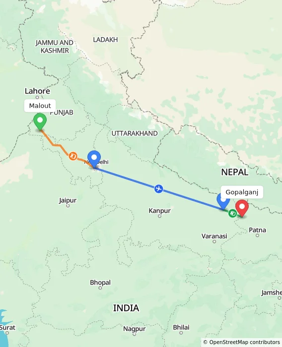 Route map showing distance and travel time from Malout, India to Gopalganj, India