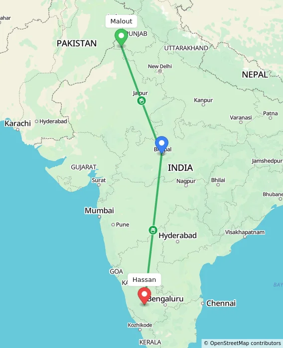 Route map showing distance and travel time from Malout, India to Hassan, India