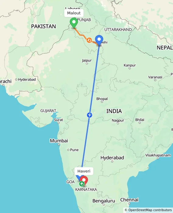 Route map showing distance and travel time from Malout, India to Haveri, India