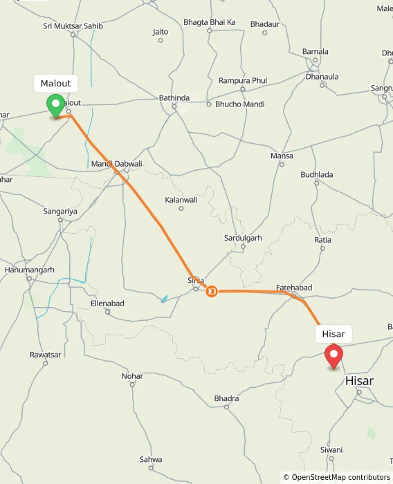 Route map showing distance and travel time from Malout, India to Hisar, India