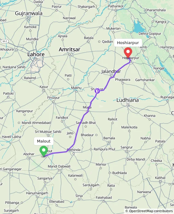 Route map showing distance and travel time from Malout, India to Hoshiarpur, India