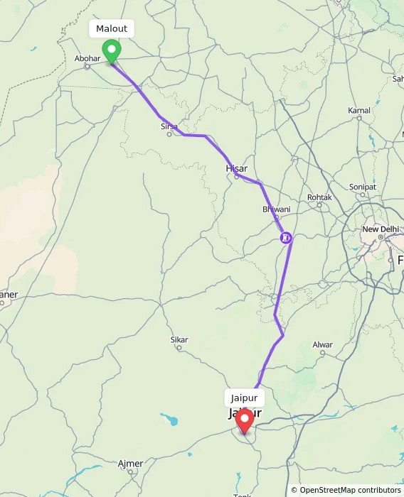 Route map showing distance and travel time from Malout, India to Jaipur, India