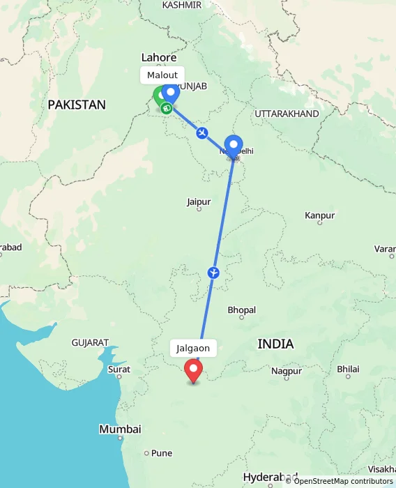 Route map showing distance and travel time from Malout, India to Jalgaon, India