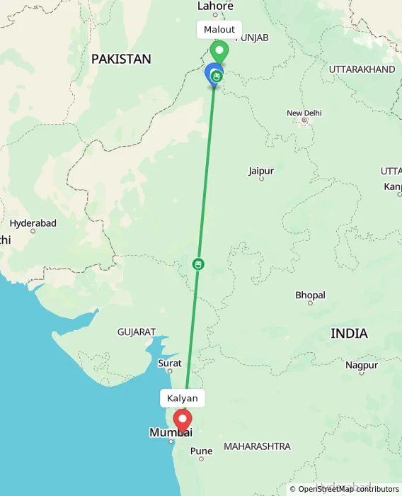 Route map showing distance and travel time from Malout, India to Kalyan, India