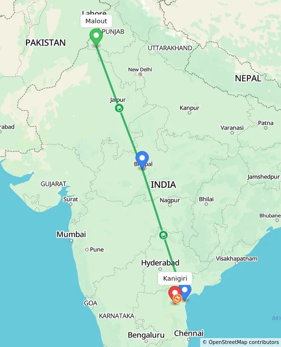 Route map showing distance and travel time from Malout, India to Kanigiri, India