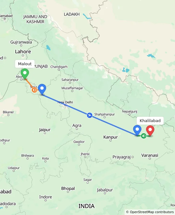 Route map showing distance and travel time from Malout, India to Khalilabad, India