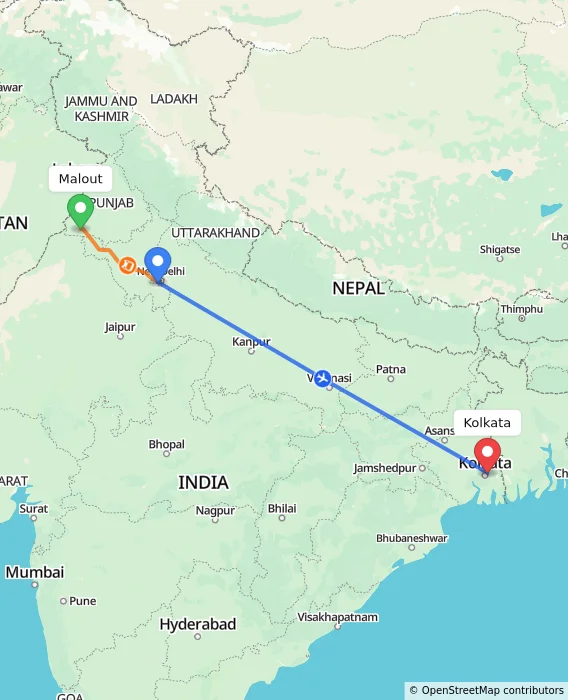 Route map showing distance and travel time from Malout, India to Kolkata, India