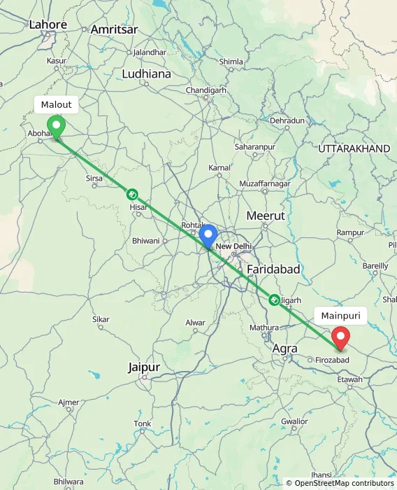 Route map showing distance and travel time from Malout, India to Mainpuri, India