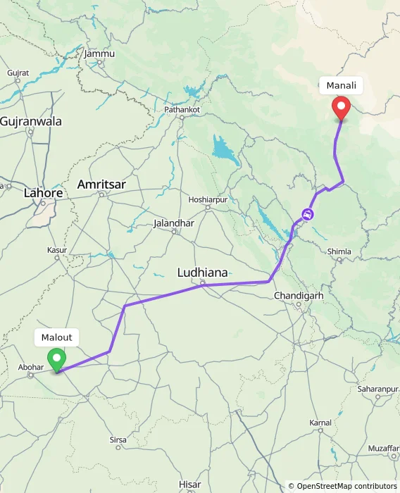 Route map showing distance and travel time from Malout, India to Manali, India