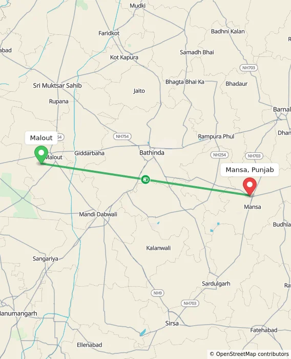Route map showing distance and travel time from Malout, India to Mansa, Punjab, India