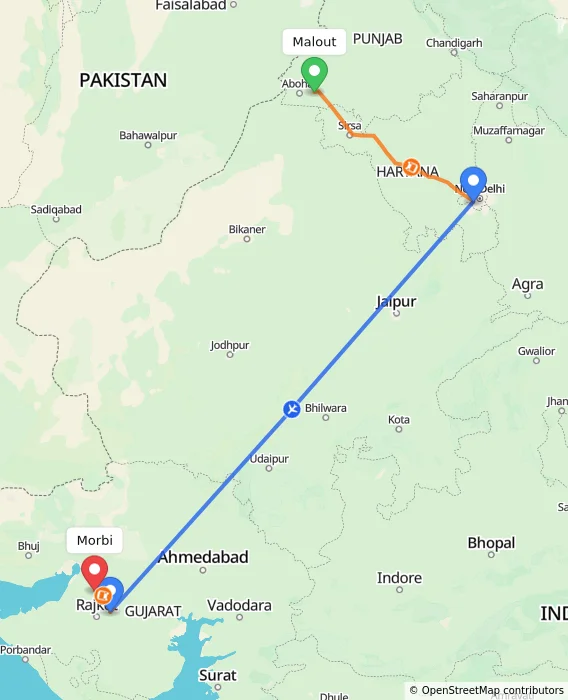 Route map showing distance and travel time from Malout, India to Morbi, India