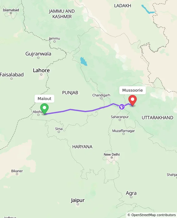 Route map showing distance and travel time from Malout, India to Mussoorie, India