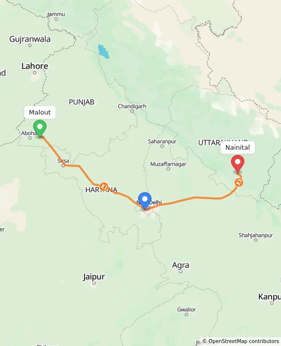 Route map showing distance and travel time from Malout, India to Nainital, India