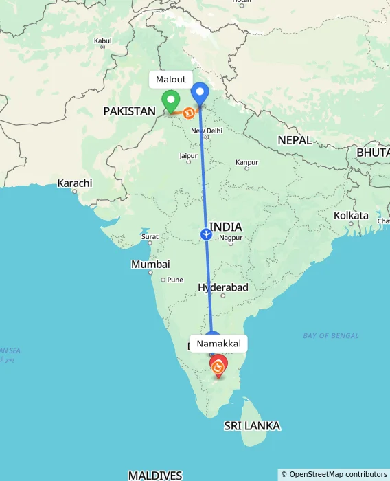 Route map showing distance and travel time from Malout, India to Namakkal, India