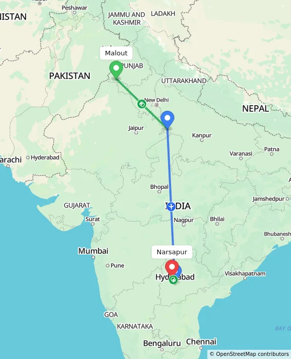 Route map showing distance and travel time from Malout, India to Narsapur, India