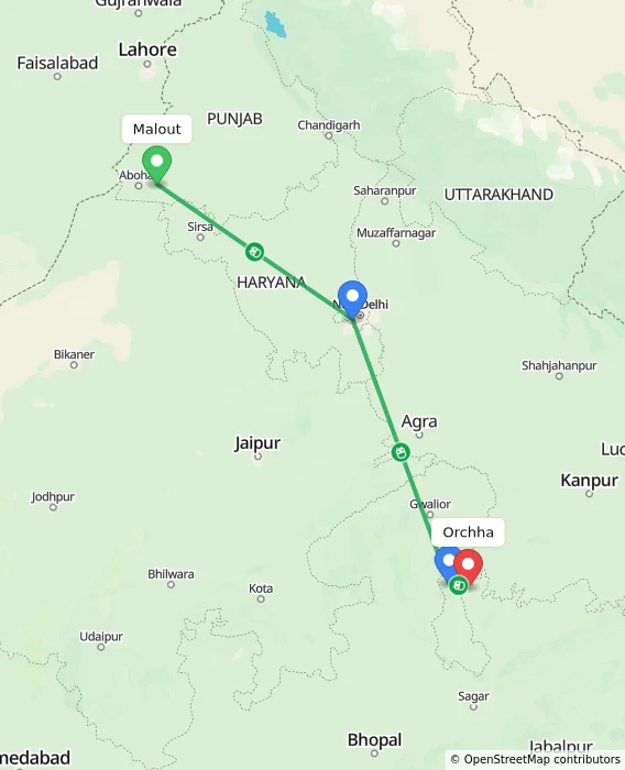Route map showing distance and travel time from Malout, India to Orchha, India