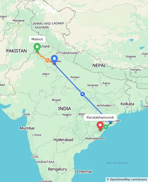 Route map showing distance and travel time from Malout, India to Paralakhemundi, India